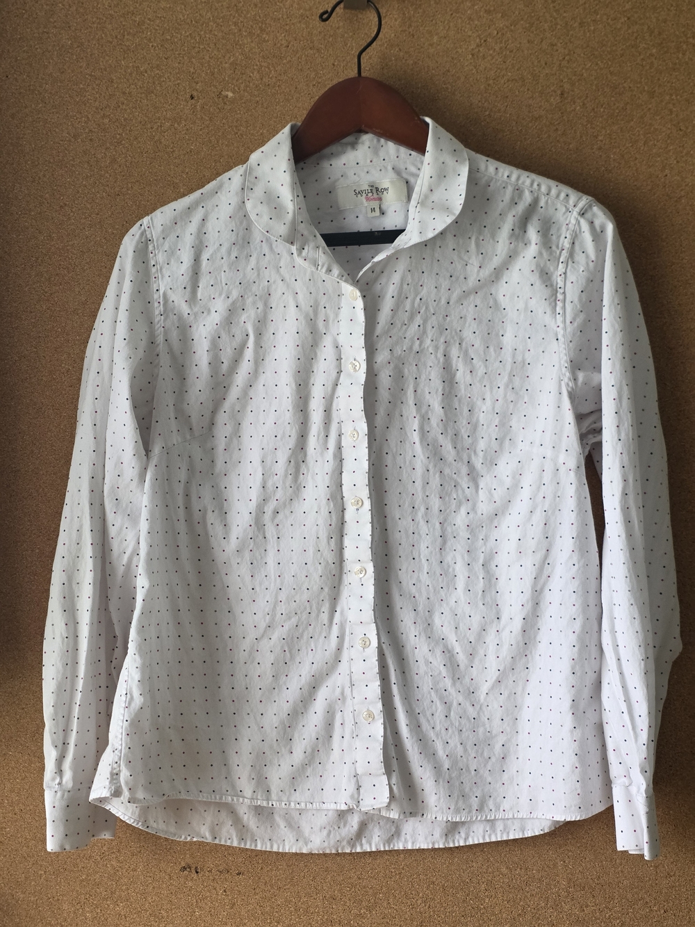 Savile Row Company Woman Polka Dot Button Down Shirt White 100% Cotton Size 14
